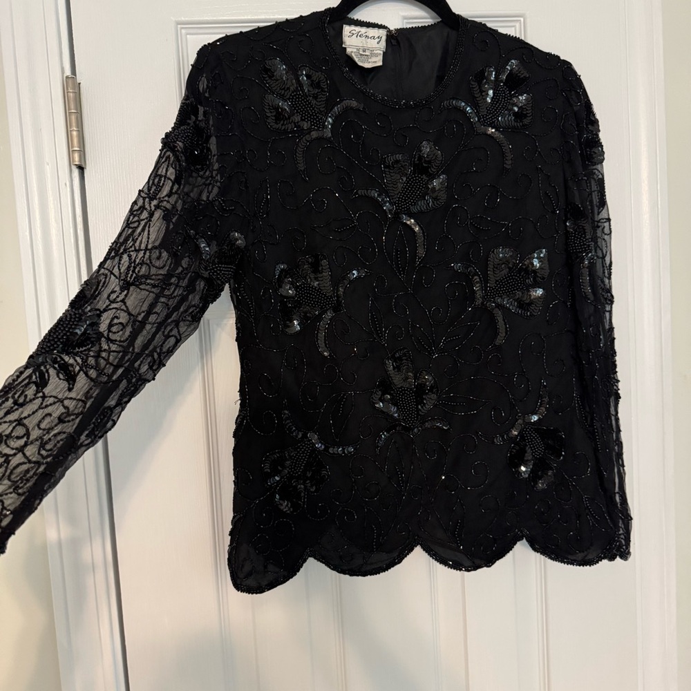 Stenay Vintage Black Silk Beaded Blouse‎